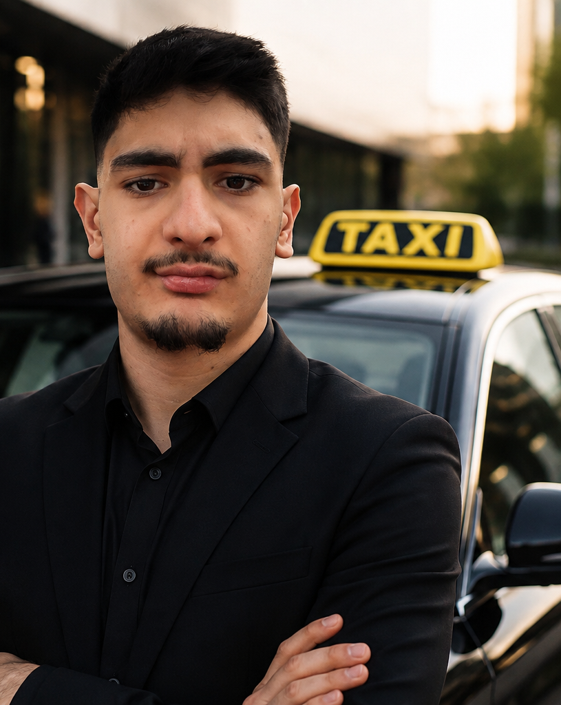 Ihr Fahrer von Premium Taxi Stuttgart vor seinem Mercedes